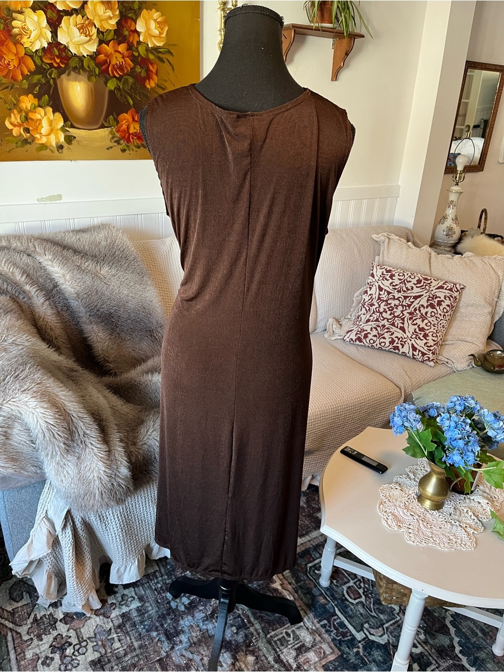 Women’s Y2K Brown Sleeveless V-Neck Ring-Detail Dress - Size Large - Picture 7 of 9